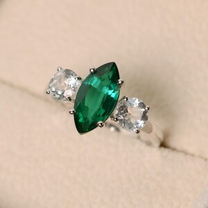 Marquise Cut Emerald Ring, Three Stone Ring, Sterling Silver, Green ...