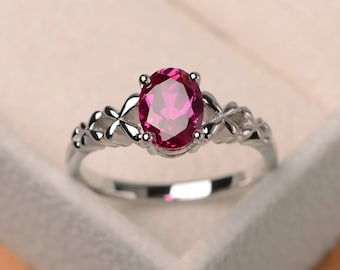 Anniversary ring, ruby ring, oval cut red gemstone, July birthstone ring, sterling silver ring