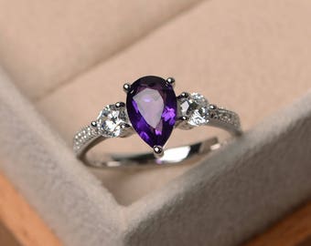 February birthstone ring, natural amethyst ring, engagement  ring, pear cut ring, purple gemstone ring, sterling silver ring