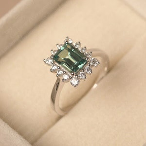 Emerald cut, green sapphire statement ring, gorgeous halor ring, sterling silver