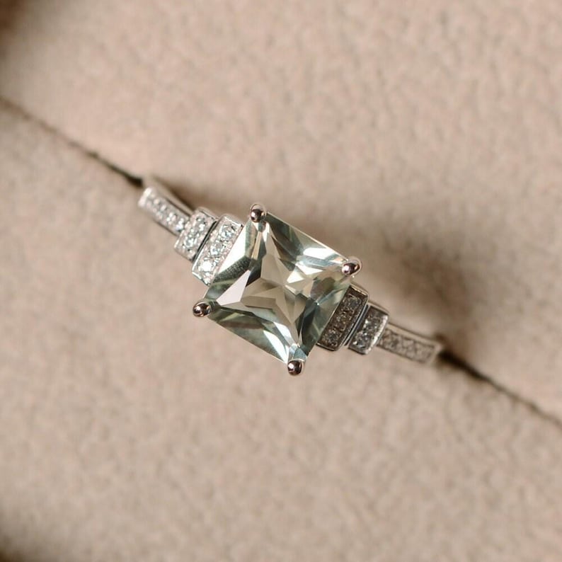 Green amethyst ring, princess cut, engagement ring, silver, green gemstone, promise ring image 5