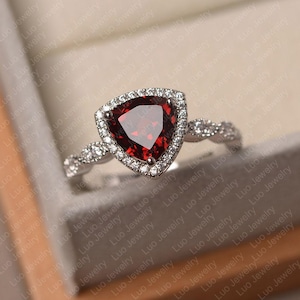 Garnet engagement ring, sterling silver halo ring, trillion cut January birthstone ring