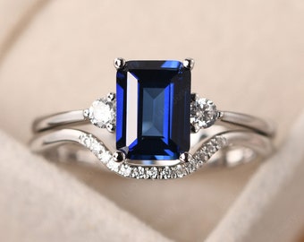 Vintage sapphire bridal sets ring, sterling silver, emerald cut wedding rings sets, September birthstone