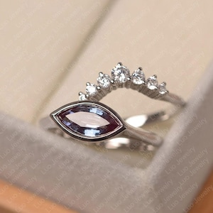 Alexandrite ring set, marquise cut June birthstone ring, sterling silver engagement ring
