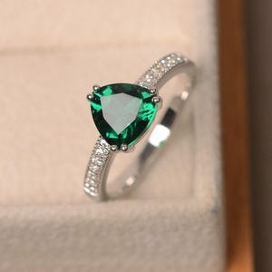 Lab emerald ring, trillion cut engagement ring, sterling silver image 2