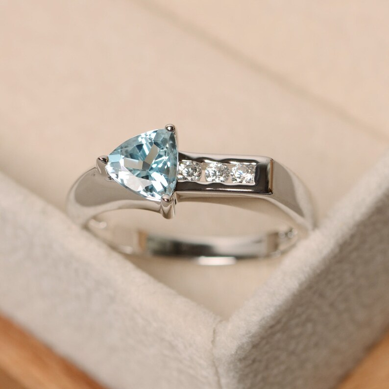 Aquamarine ring, arrow rings, gemstone ring aquamarine, promise ring, trillion cut ring image 1