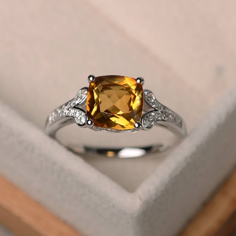 natural citrine ring sterling silver ring,yellow gemstone ring,November birthstone ring cushion cut engagement wedding ring