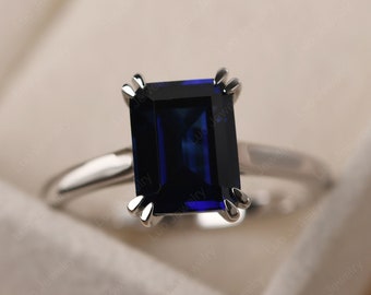 Sapphire minimalist promise ring, emerald cut 7x9 mm, silver September birthstone ring