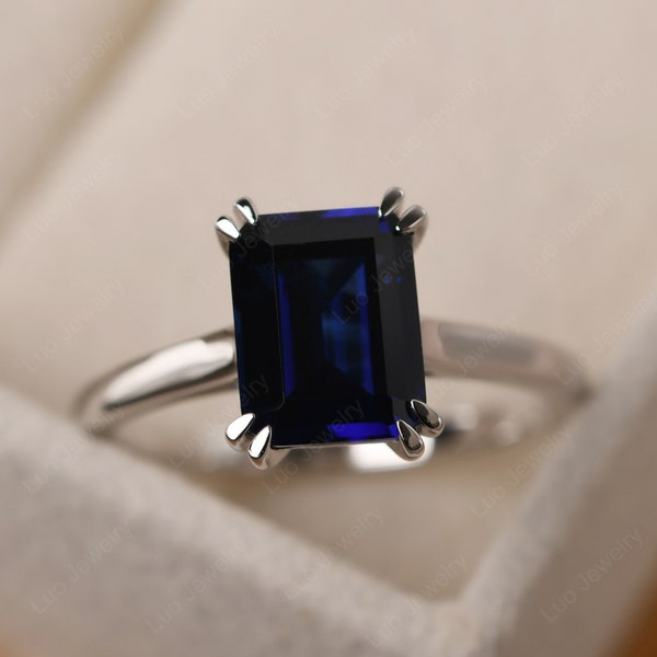 Sapphire minimalist promise ring, emerald cut 7x9 mm, silver September birthstone ring