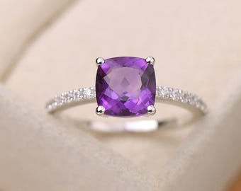 クッションカット 1.5 CT アメジストリング、スターリングシルバー アニバーサリーリング、紫色の宝石、2月の誕生石