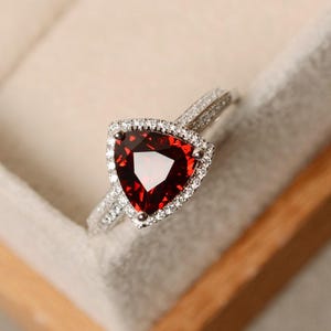 Trillion cut garnet ring, red garnet, gemstone, promise ring, garnet birthstone