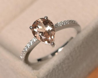 Anillo de morganita natural, piedra preciosa rosa talla pera, plata de ley, anillo de aniversario para mujer