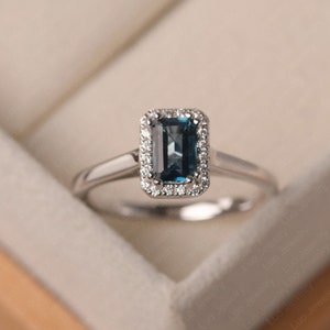 Delicate daily ring, London blue topaz wedding ring, emerald cut, sterling silver, November birthstone