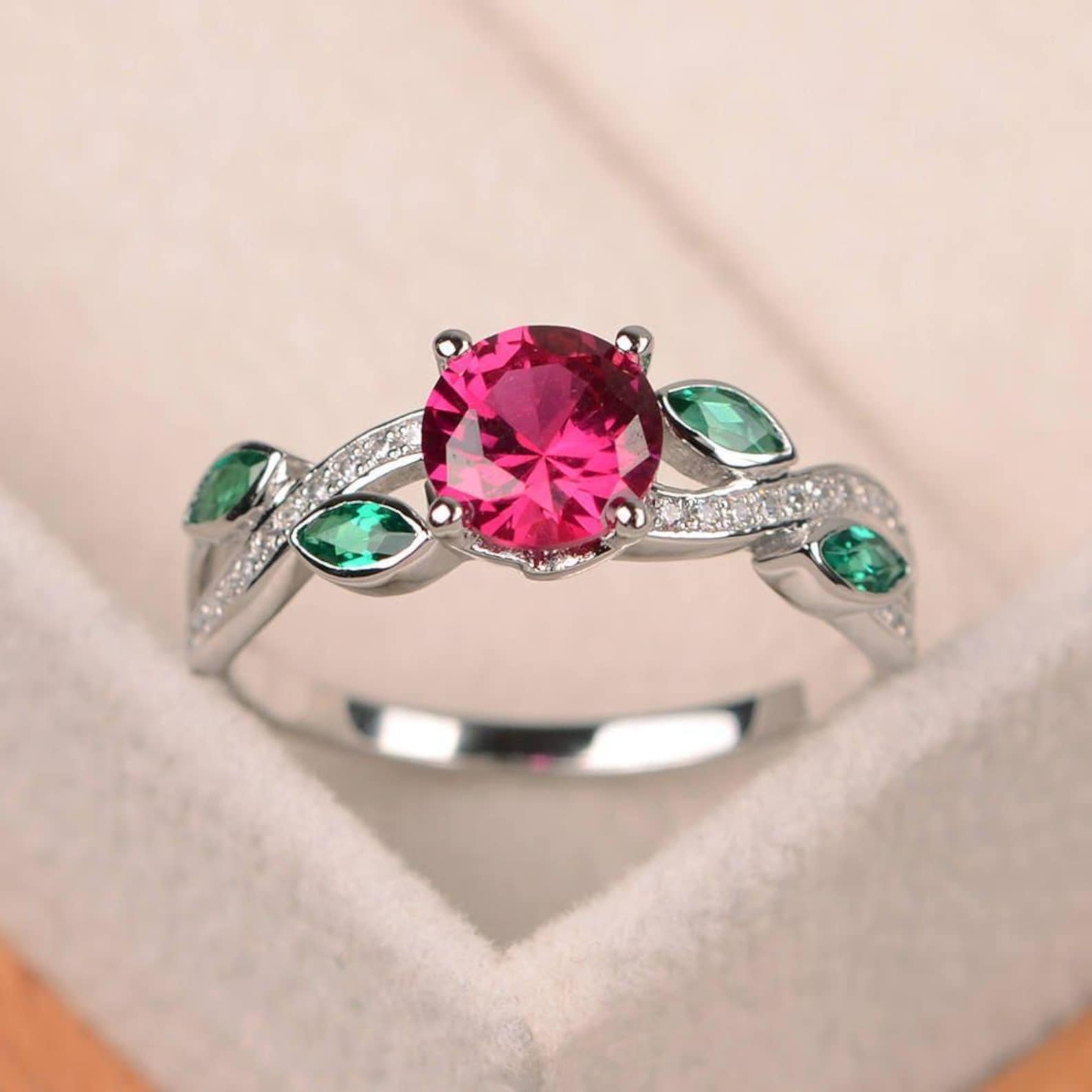 Ruby Ring, Leaf Ring, Round Ruby Engagement Ring, Sterling Silver Ring ...