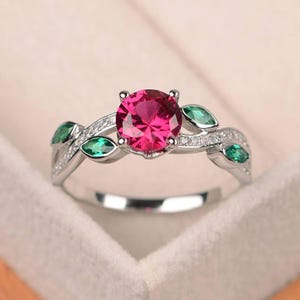 Rubinring, Blattring, runder Rubin Verlobungsring, Sterling Silberring, roter Edelstein