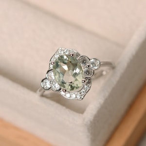 Green amethyst ring, silver, oval cut engagement ring