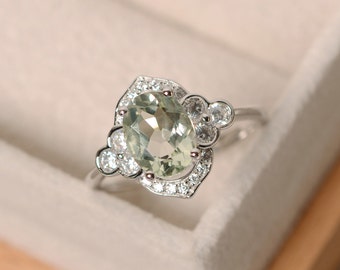 Green amethyst ring, silver, oval cut engagement ring