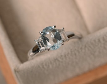 Aquamarine ring, oval cut, three stone, March birthstone, anniversary ring