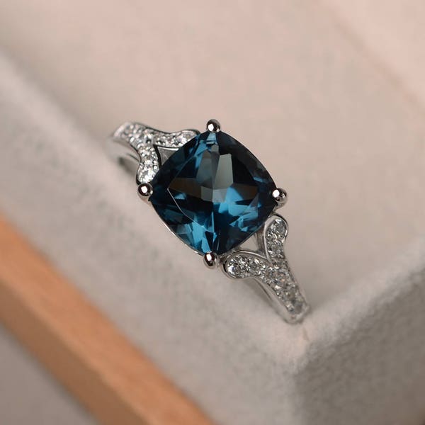 London blue topaz ring, cushion cut wedding engagement ring, sterling silver ring,blue gemstone ring