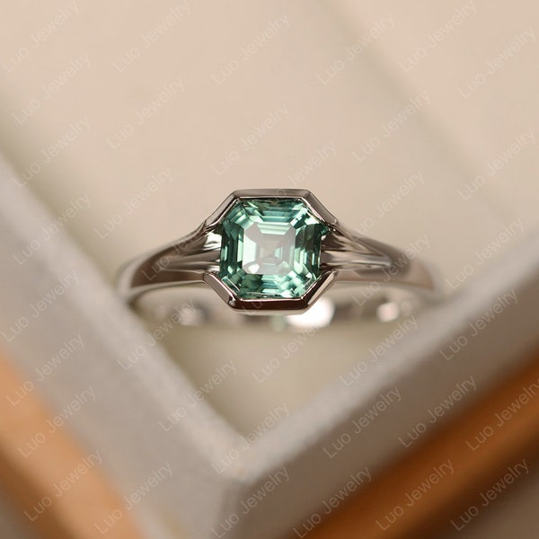 Anillo de zafiro verde, talla asscher, anillo de compromiso de oro blanco, zafiro verde azulado