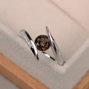 Smoky quartz ring, round cut gemstone ring, brown gemstone ring, engagement ring, bezel setting, sterling sivler image 2