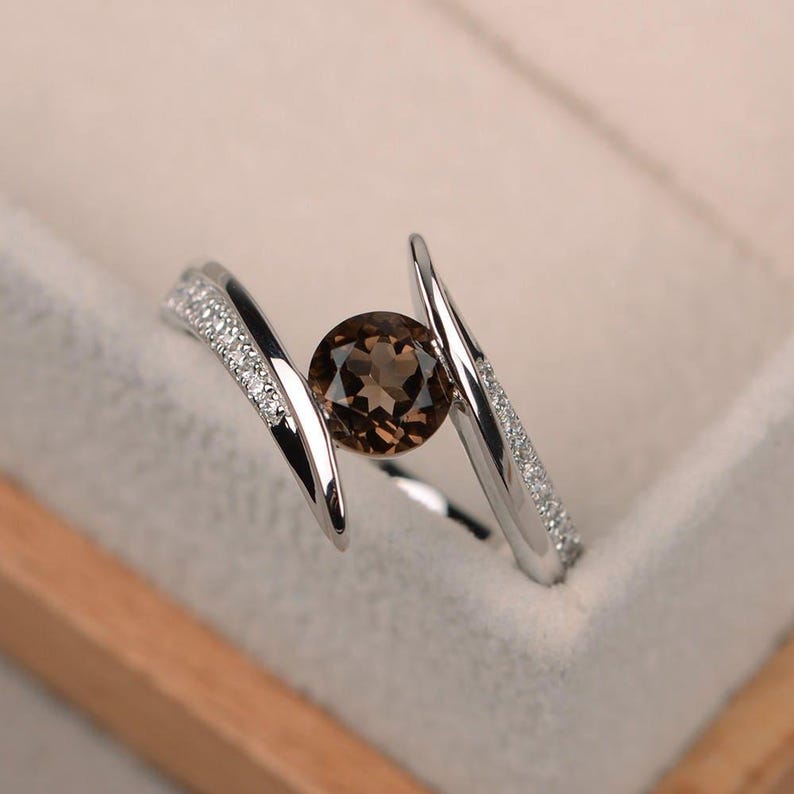 Smoky quartz ring, round cut gemstone ring, brown gemstone ring, engagement ring, bezel setting, sterling sivler image 2