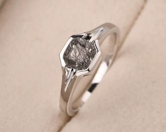 Minimalist black rutilated quartz ring, sterling silver solitaire promise ring, unique giftsf for women