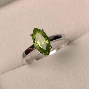 Natural peridot ring, wedding ring, green gemstone, solitaire ring, marquise cut gemstone, August birthstone