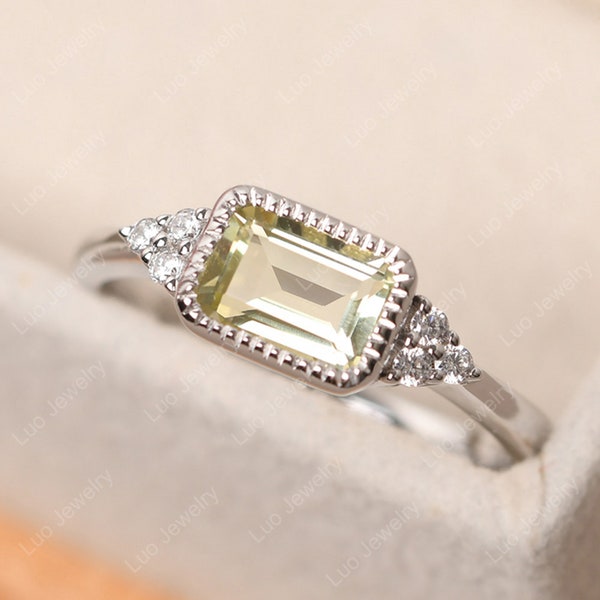 Delicate emerald cut lemon quartz anniversary ring, sterling silver, bezel setting east west ring