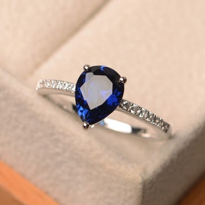 Lab sapphire ring, pear cut blue gemstone ring, sterling silver ring, September birthstone, engagement ring