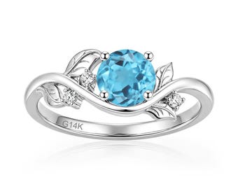 Custom Round shaped genuine swiss blue topaz ring, nature inspired vine ring, December birthstone ring, leaf ring, chevorn engagement ring