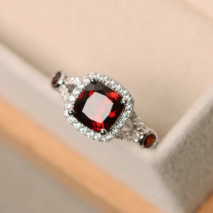 Garnet ring, engagement ring, cushion cut ring, red garnet ring, engagement ring