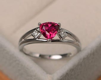Anniversary ring, ruby ring, trillion cut red gemstone, July birthstone, sterling silver ring
