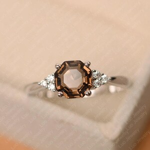 Smoky quartz ring, octagon cut, brown gemstone ring, sterling silver wedding ring