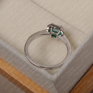 Emerald ring, asscher cut ring, emerald silver ring, green stone ring,halo ring,May birthstone image 3
