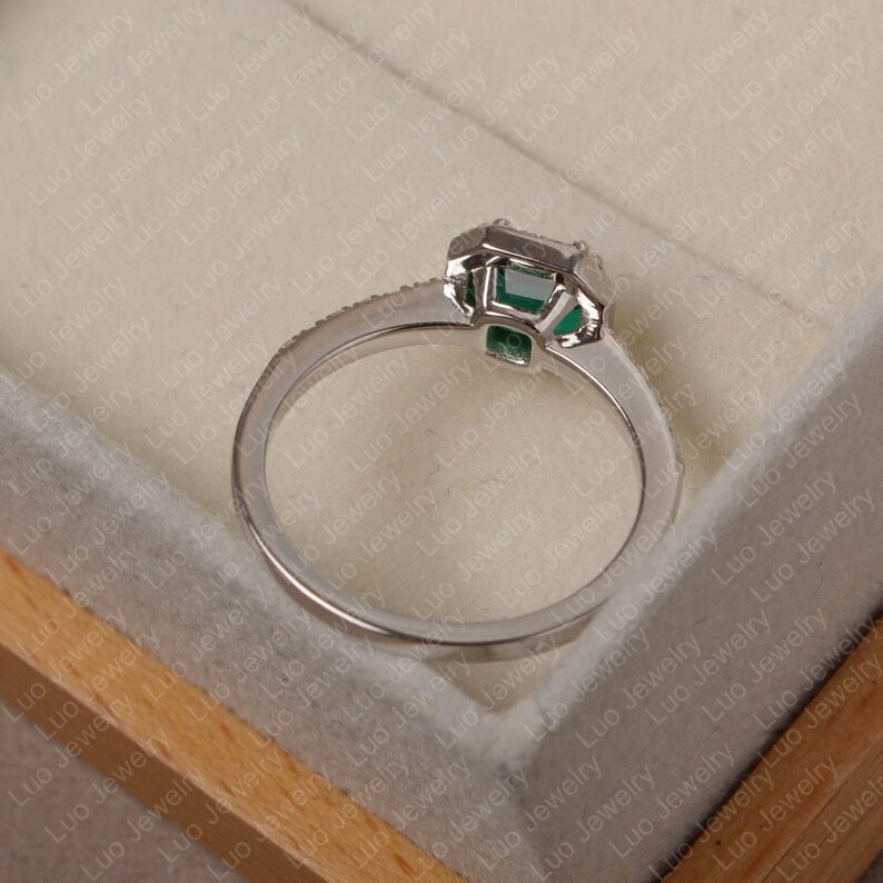 Emerald ring, asscher cut ring, emerald silver ring, green stone ring,halo ring,May birthstone image 3