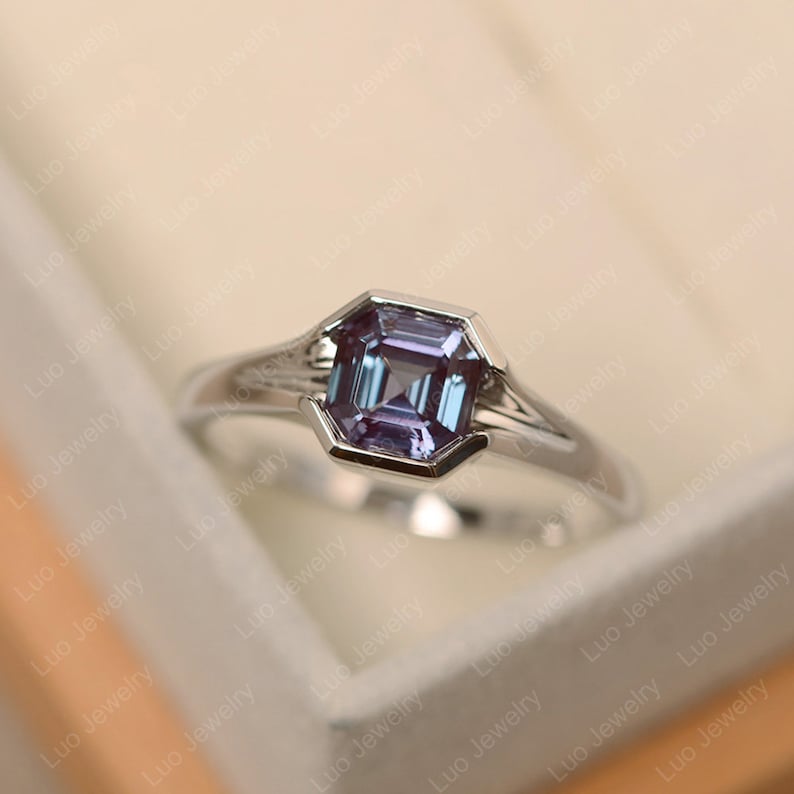 Alexandrite ring, asscher cut, color changing gemstone, sterling silver, anniversary ring, June birthstone 