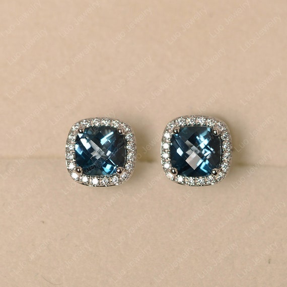 London Blue Topaz Earrings Checkerboard Cushion Cut Stud | Etsy