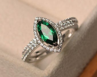Lab emerald ring, silver engagement ring, May birthstone, marquise cut halo ring, set rings for wedding