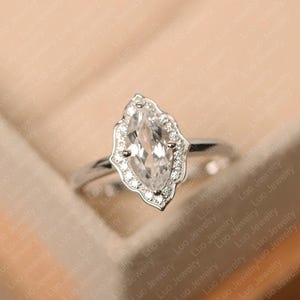 White topaz ring, November birthstone, marquise cut ring, white gold, wedding ring for women