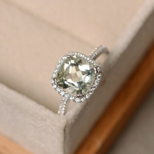 Green amethyst wedding ring, cushion cut, solid sterling silver, handmade halo ring, anniversary gifts for women