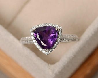Natural amethyst ring, trillion cut ring, purple amethyst ring, engagement ring