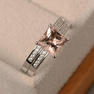 Natural pink morganite wedding set ring, 925 sterling silver, princess cut 2 rings set