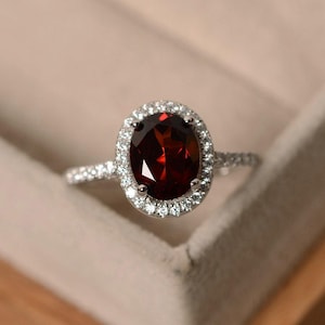 Garnet rings, halo rings, sterling silver, January birthstone ring, oval cut garnet