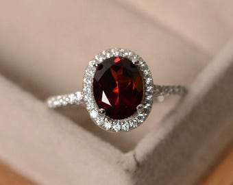 Garnet rings, halo rings, sterling silver, January birthstone ring, oval cut garnet