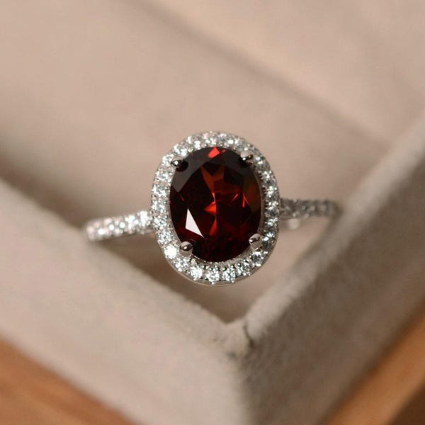 Granat Ringe, Halo Ringe, Sterling Silber, Januar Geburtsstein Ring, Granat Ovalschliff