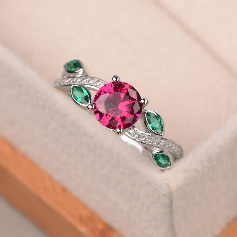 Ruby Ring, Leaf Ring, Round Ruby Engagement Ring, Sterling Silver Ring ...