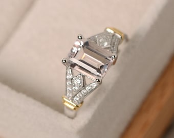Morganite ring, claw ring, pink gemstone, gold engagement, emerald cut morganite