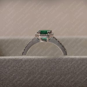 Emerald ring, asscher cut ring, emerald silver ring, green stone ring,halo ring,May birthstone image 4