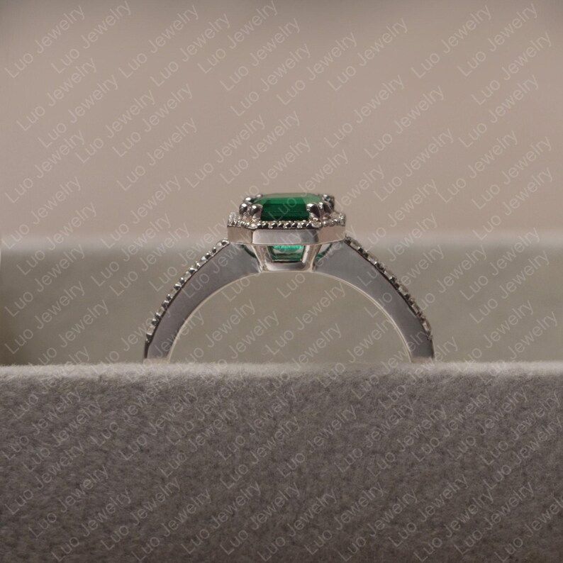 Emerald ring, asscher cut ring, emerald silver ring, green stone ring,halo ring,May birthstone image 4